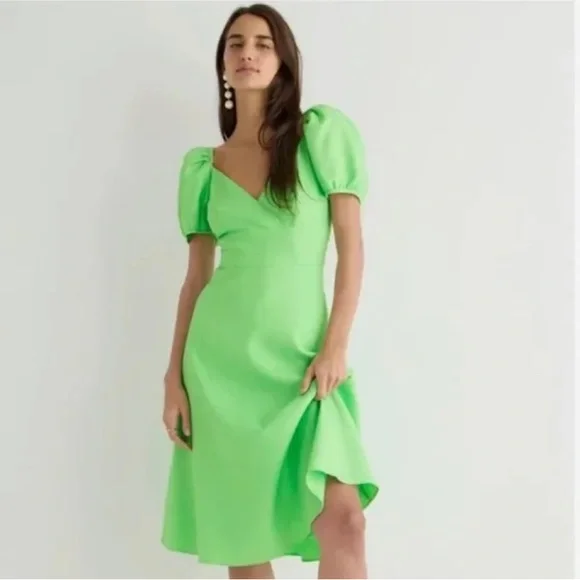 J. Crew | Dresses | J Crew Puff Sleeve Vneck Midi Stretch Linen Dress Size  2 Summer Lime Fairycore | Poshmark